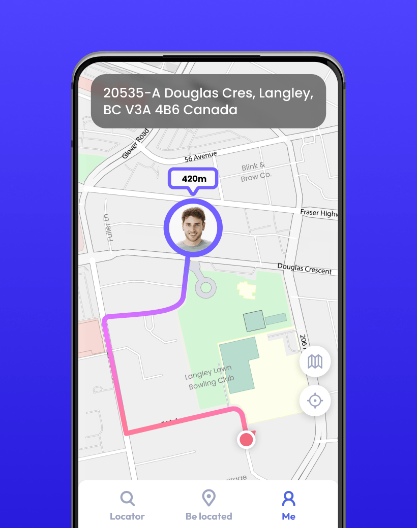 App screenshot showing a navigation route and distance to a family member