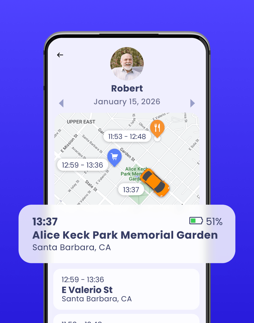 App screenshot showing a family member's location history and route over time