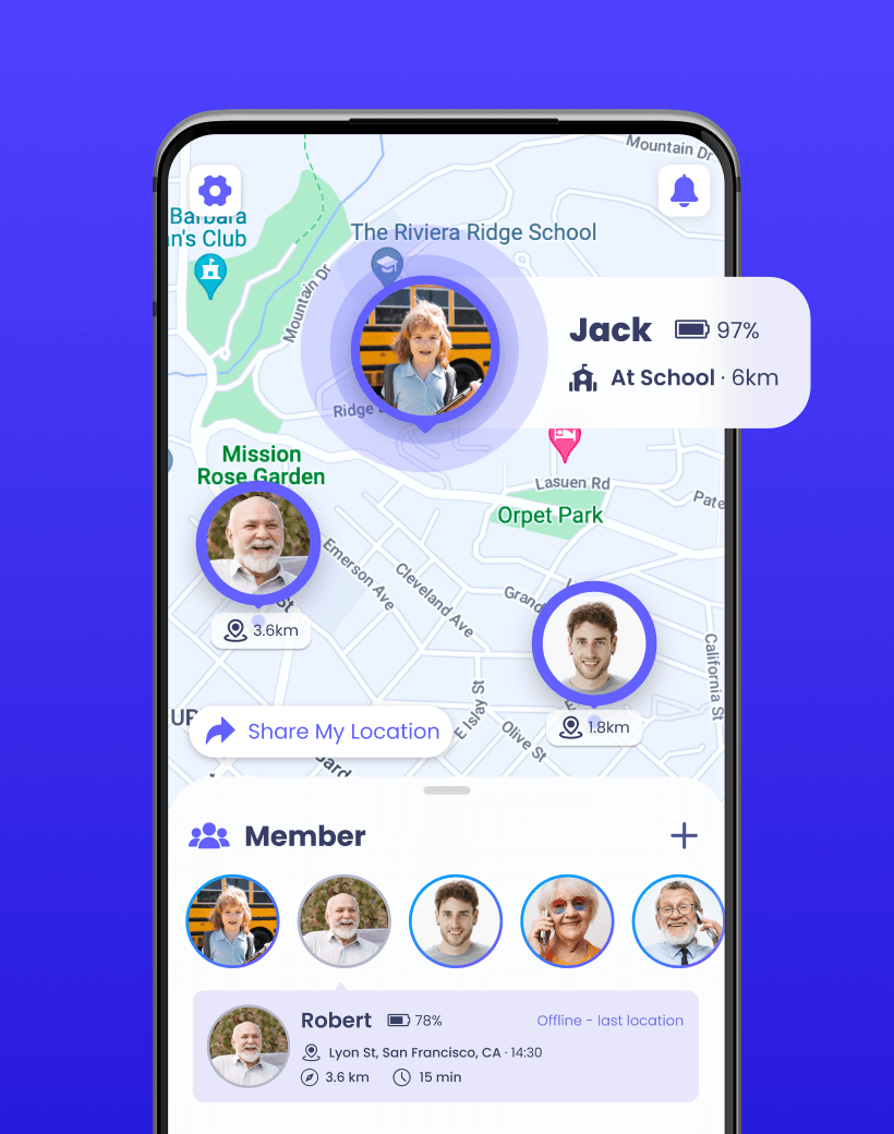 App screenshot showing a family member's real-time location on a live map